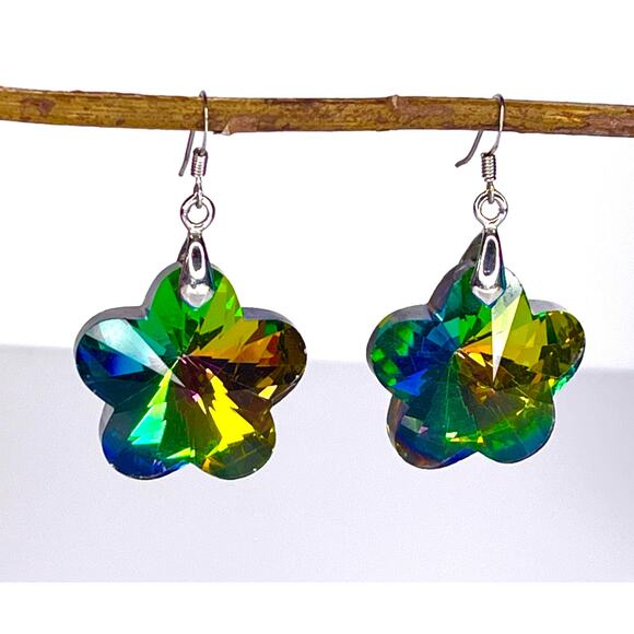 VTG y2k Multi Color FLOWER EARRINGS 2" Rainbow Light Reflects Glass Dangle Drop - Picture 4 of 6